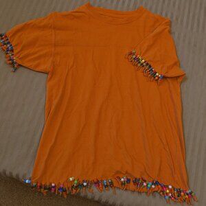 Bead Fringe Hand Embellished Tee Shirt Fringed and Beaded Handmade